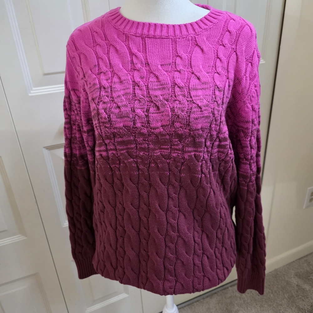 Lands’ End Drifter Pink Ombré Stripe Cotton Cable Knit Crew Neck Sweater L 14 16